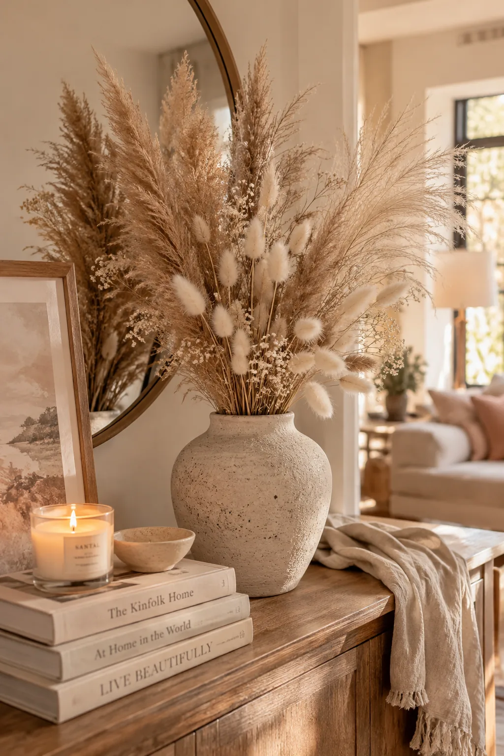 Textured vase filled with fluffy dried pampas grass