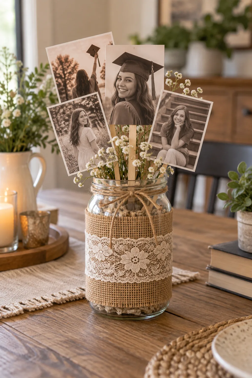 A rustic graduation centerpiece in a clear jar wrapped in burlap and lace on a wooden table.