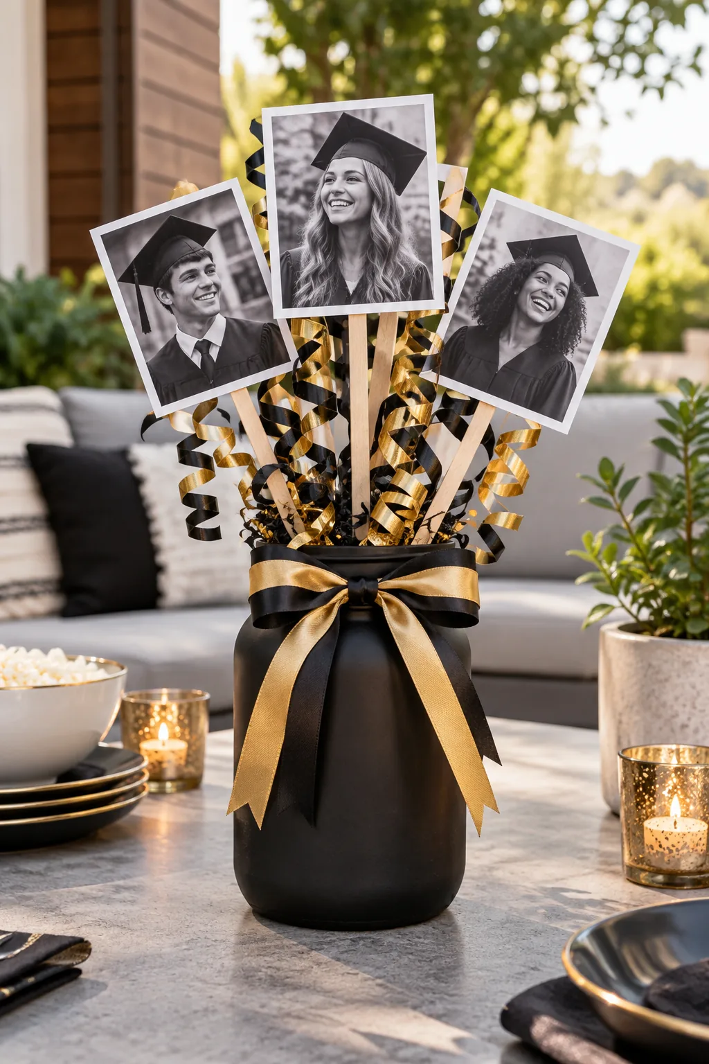 A modern graduation centerpiece in a matte black jar with gold ribbon on a concrete table.