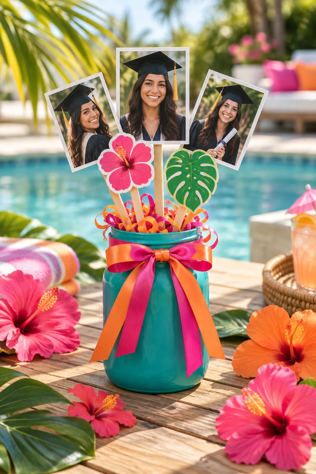 A tropical graduation centerpiece in a teal jar with pink and orange ribbons near a pool.
