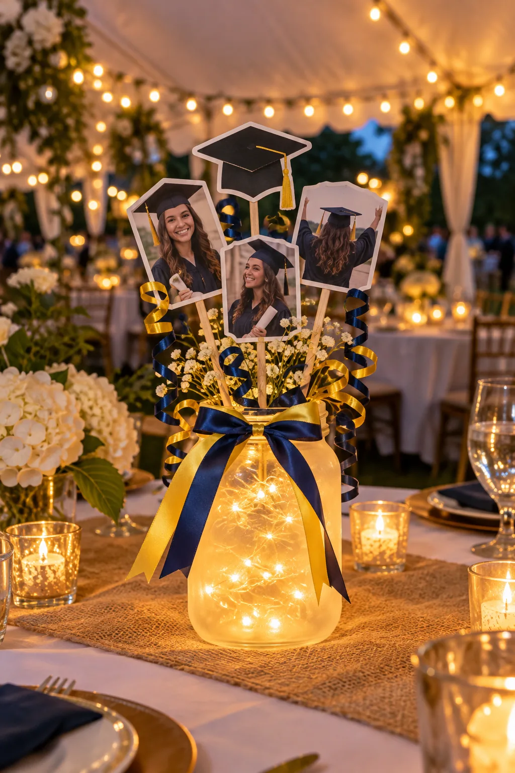 A glowing graduation centerpiece in a frosted jar with fairy lights inside a garden tent.