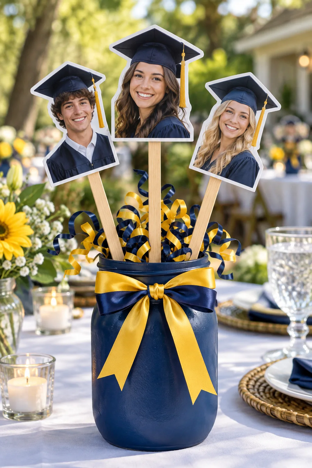 Close-up of a yellow and navy blue satin ribbon tied in a bow around a painted mason jar.