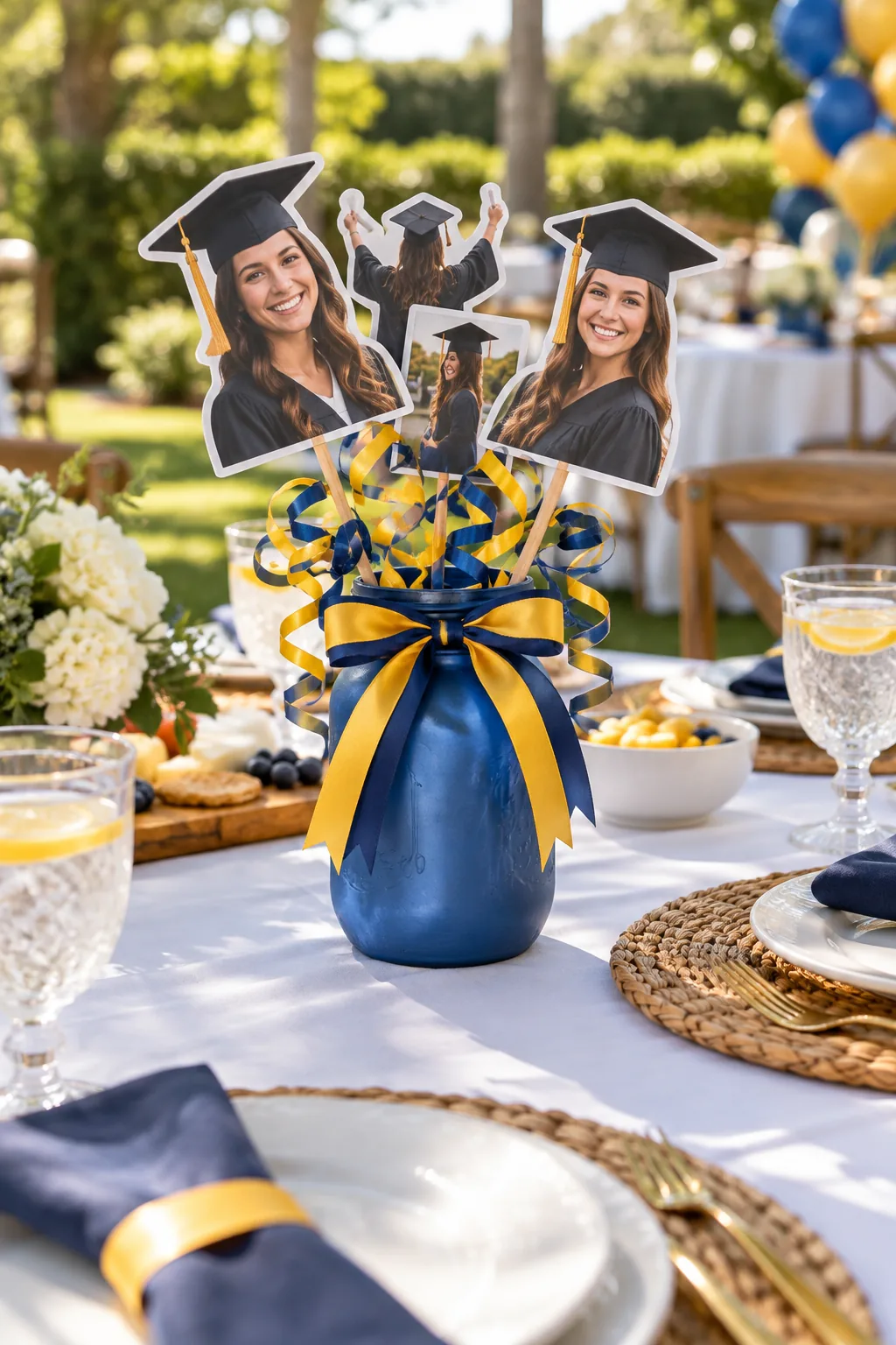 Flat wooden dowels sticking out of a mason jar centerpiece holding graduation photos.