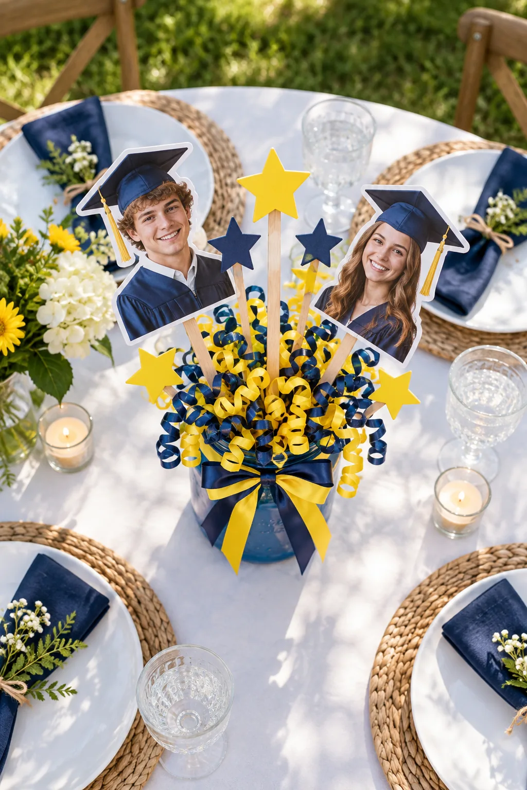 View across a party table showing graduation photos facing outward from a centerpiece.