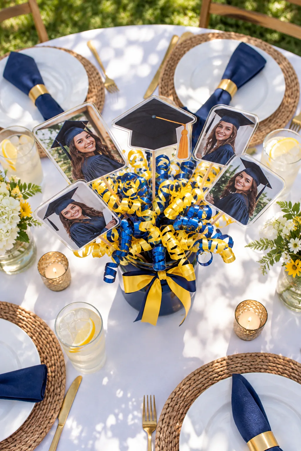 Top-down view of a mason jar centerpiece filled with curled yellow and blue ribbons.