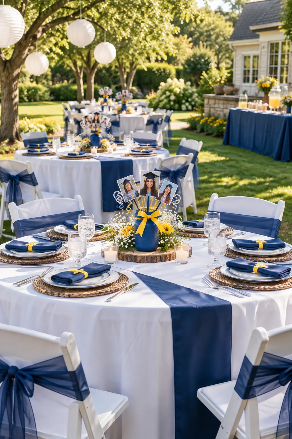 A perfectly scaled graduation centerpiece sitting in the middle of a fully set round party table.