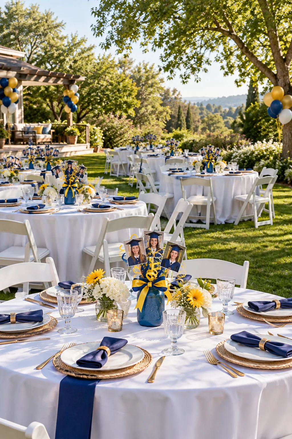Multiple round party tables on a lawn, each featuring an identical blue mason jar centerpiece.