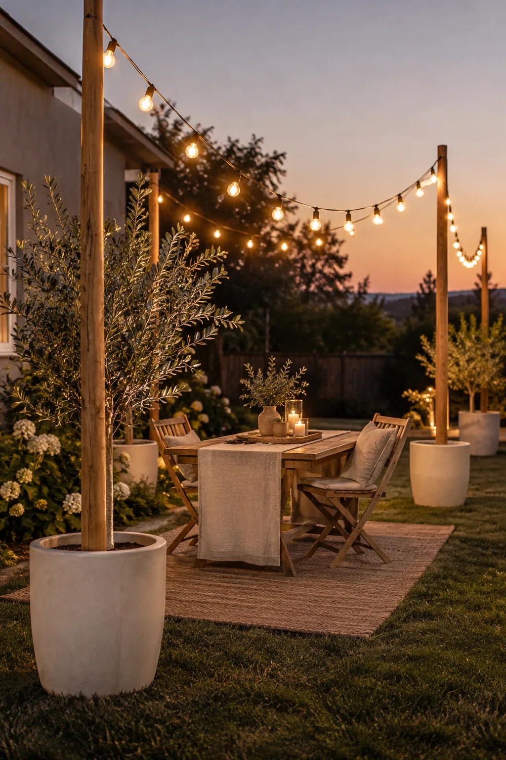 Wooden posts set in large black planters holding up outdoor cafe string lights