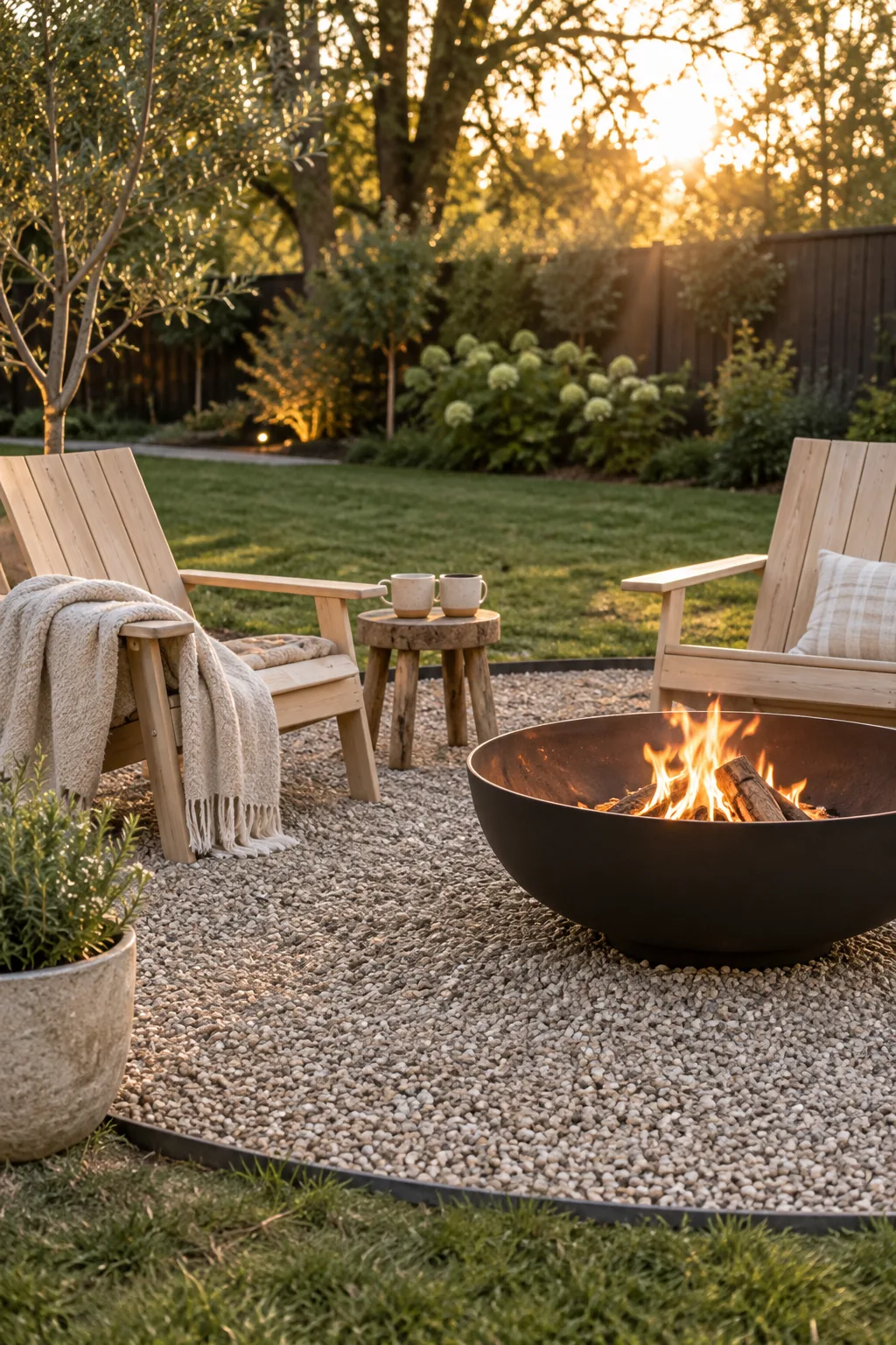 Round pea gravel patio area with a black metal fire bowl and wooden chairs