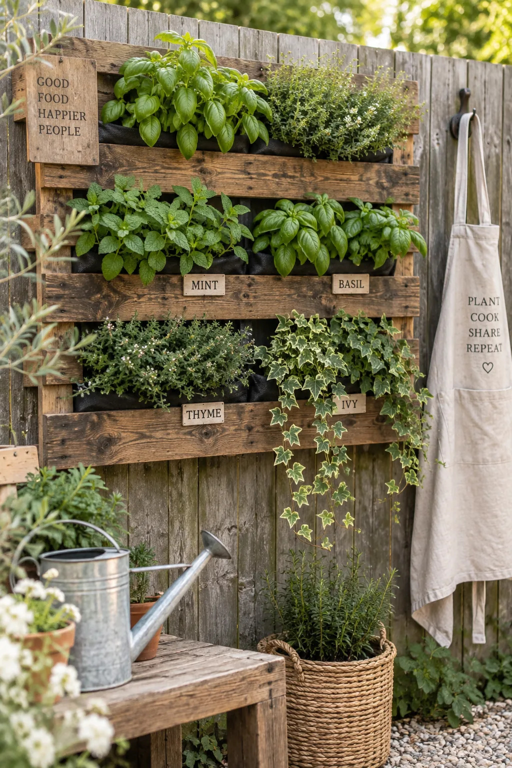 Wooden shipping pallet mounted on a fence filled with green herbs and trailing plants