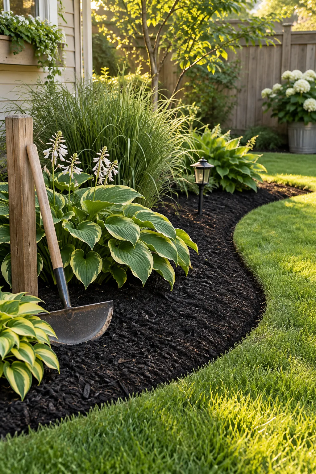 Freshly edged garden bed filled with dark black mulch next to green grass