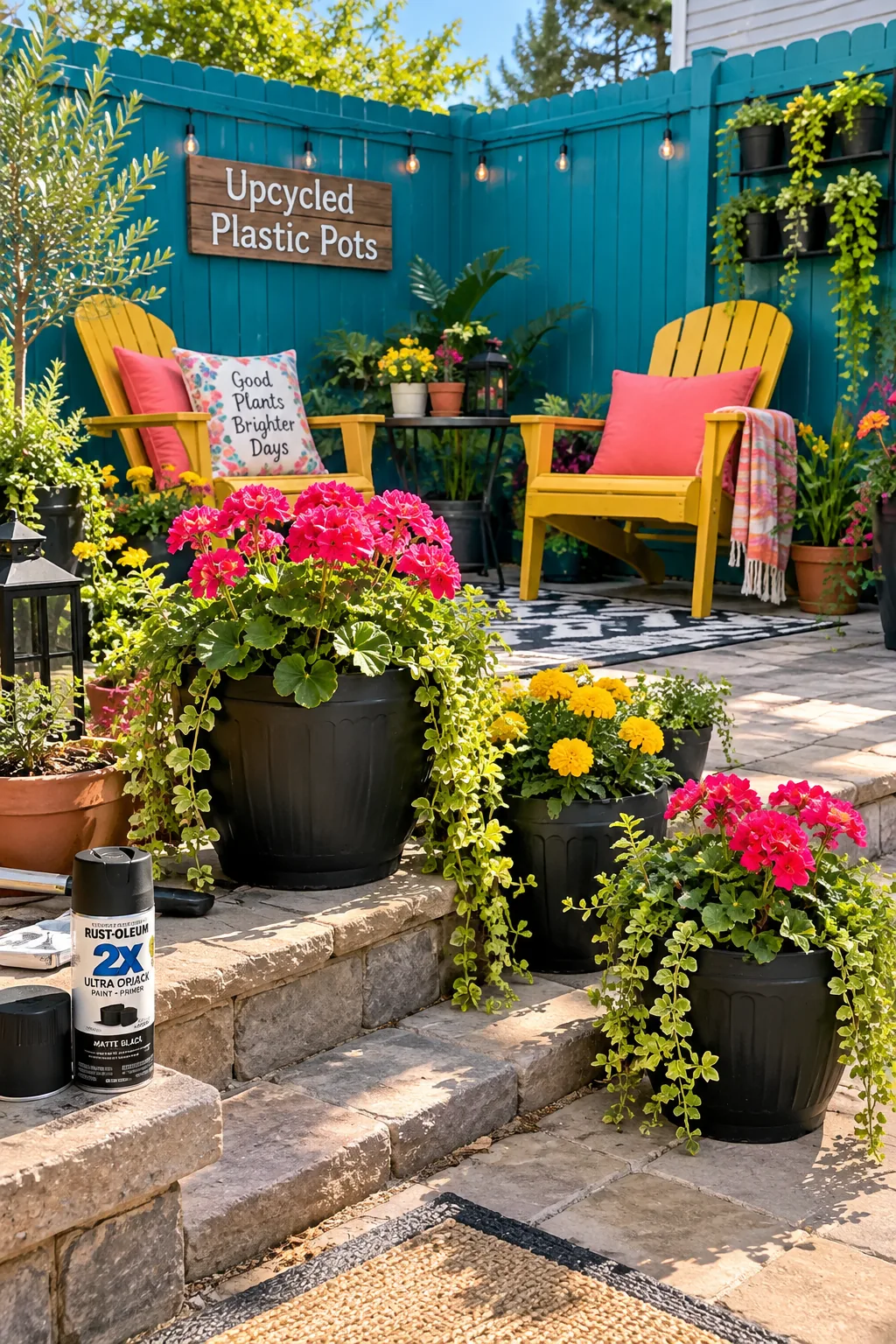 Plastic garden pots spray painted matte black to look like cast iron