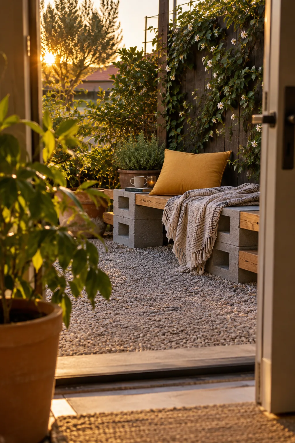 Outdoor bench made from stacked grey cinder blocks and thick wooden posts