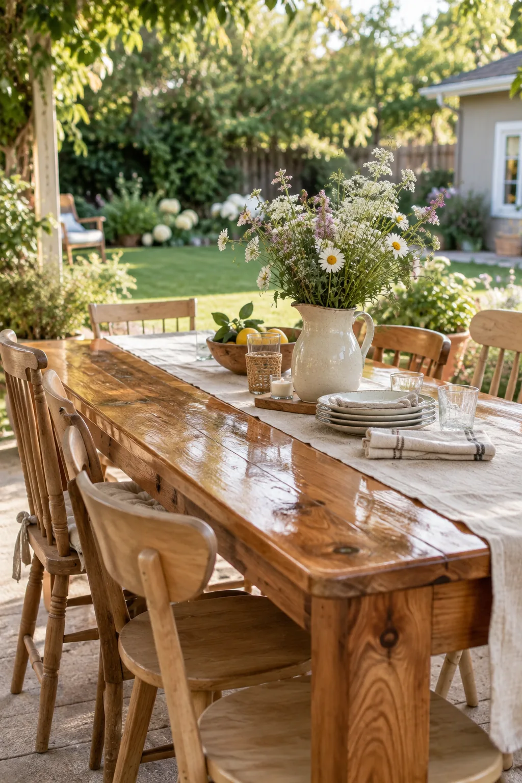 Thrifted wooden dining table sealed for outdoor use on a patio