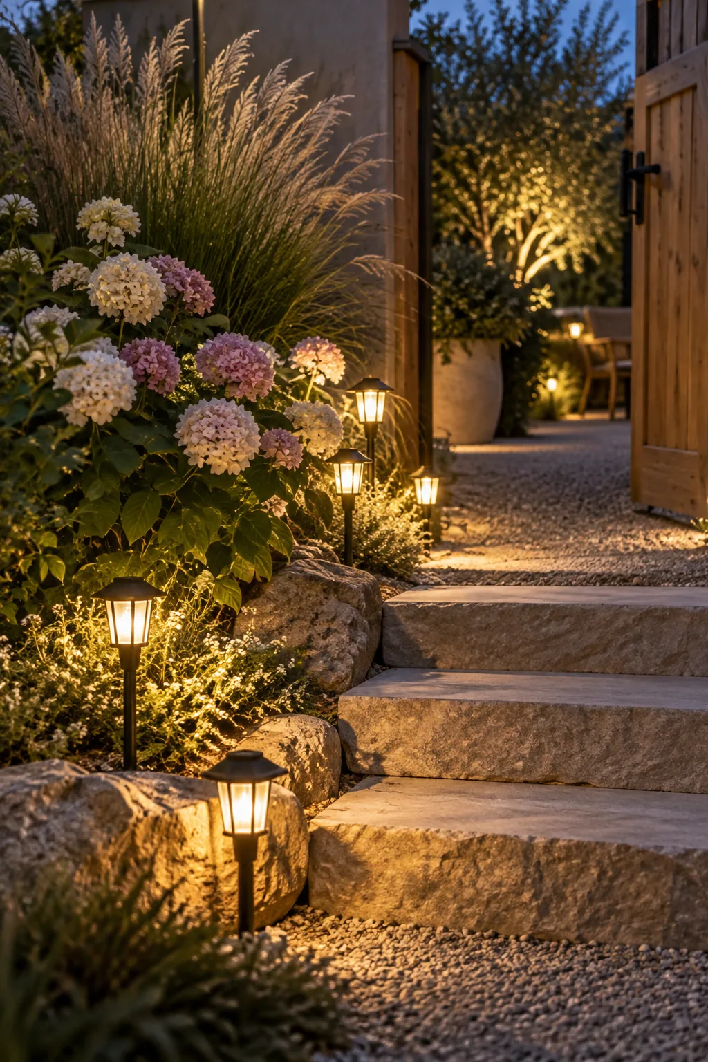 Warm solar stake lights clustered together near a garden pathway at dusk