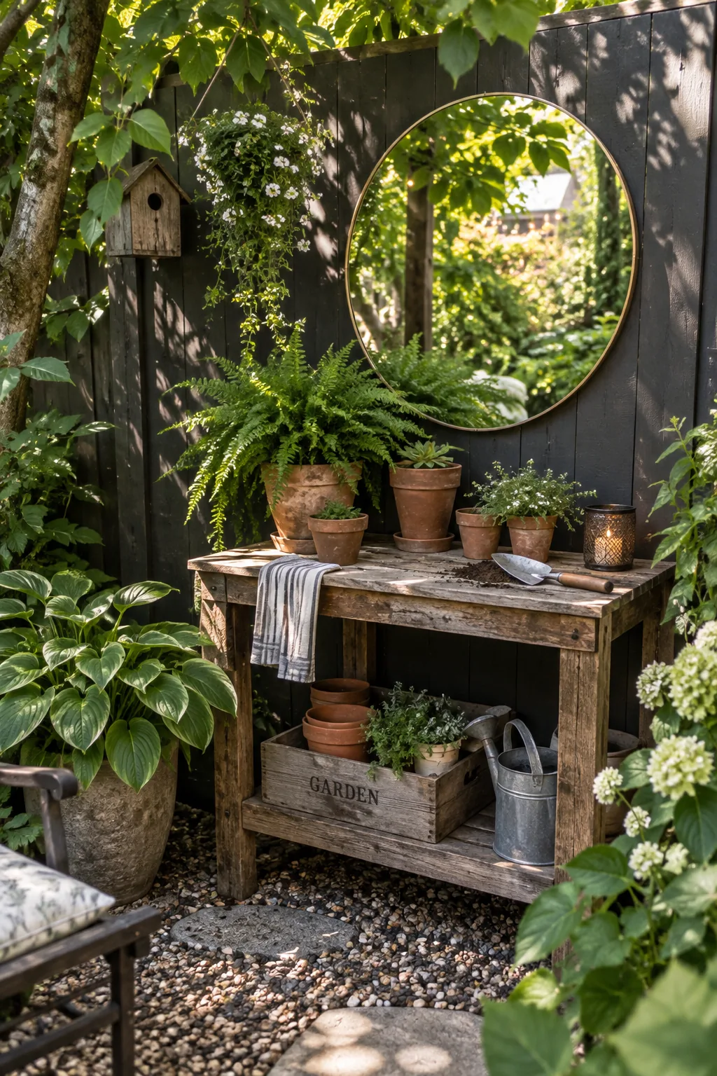 Acrylic mirror mounted on a dark wooden garden fence reflecting green plants