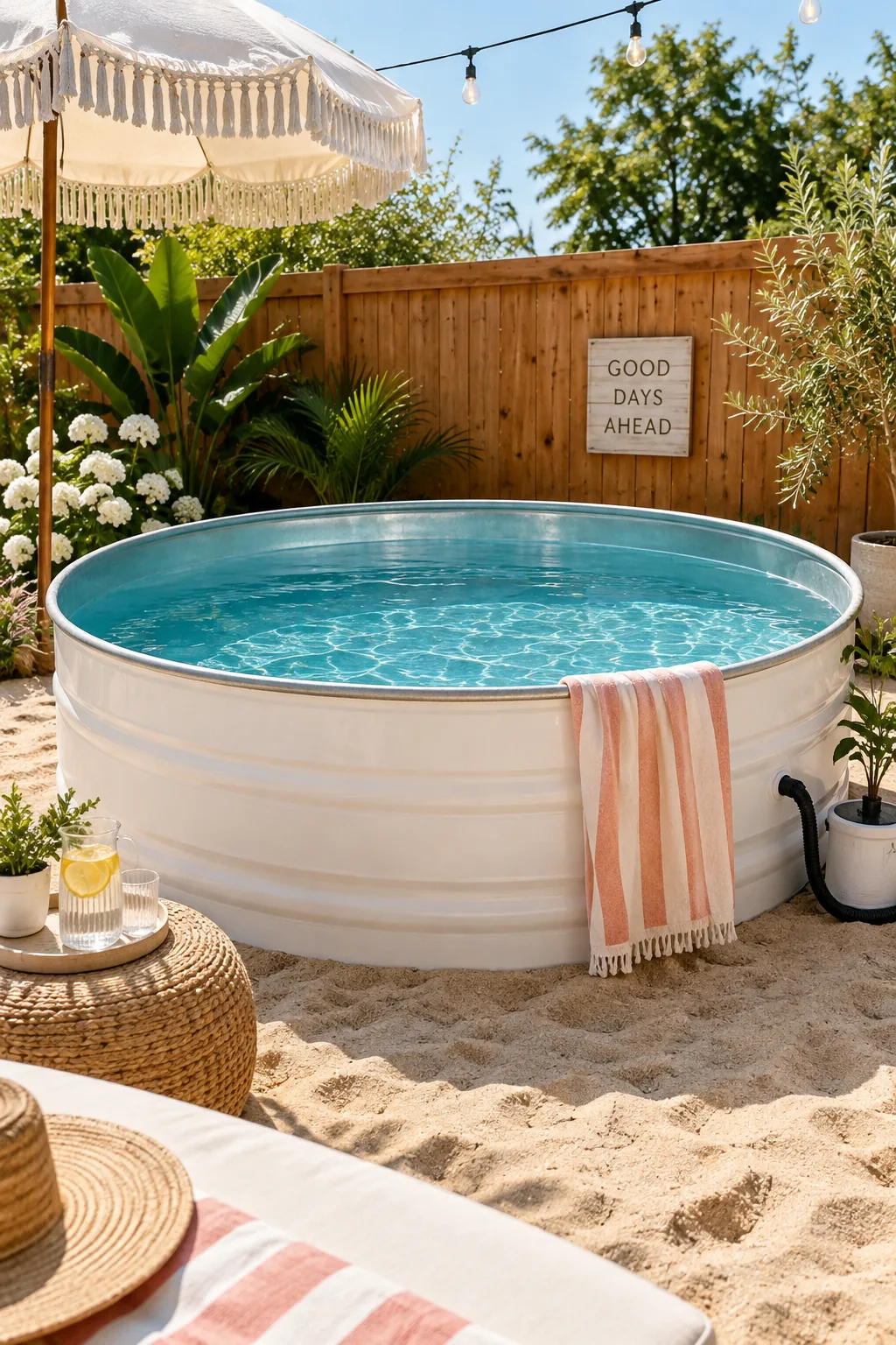 Round galvanized stock tank filled with water acting as a small backyard pool