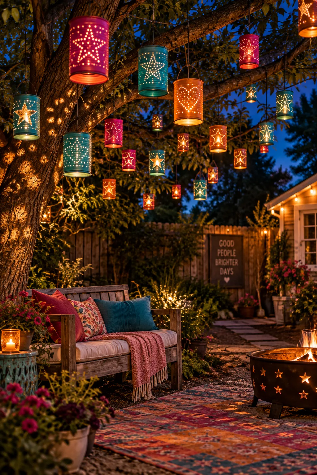 Punched tin cans with glowing lights hanging from a tree branch at night