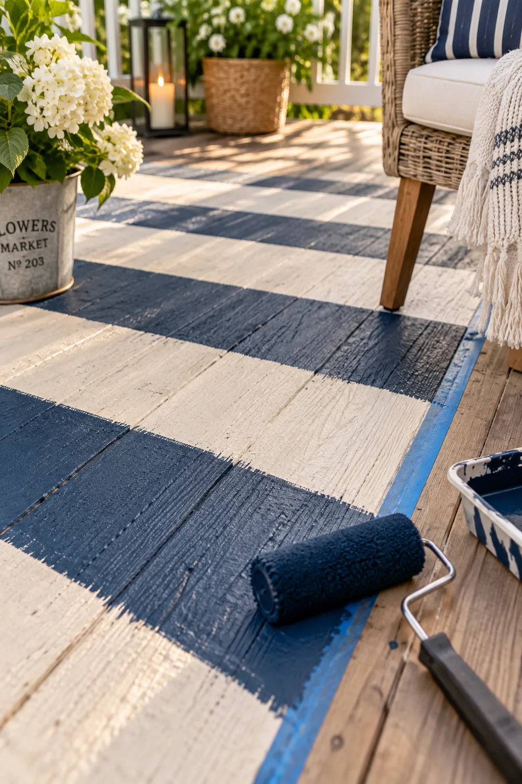 Wooden deck floor painted with a large striped faux rug pattern