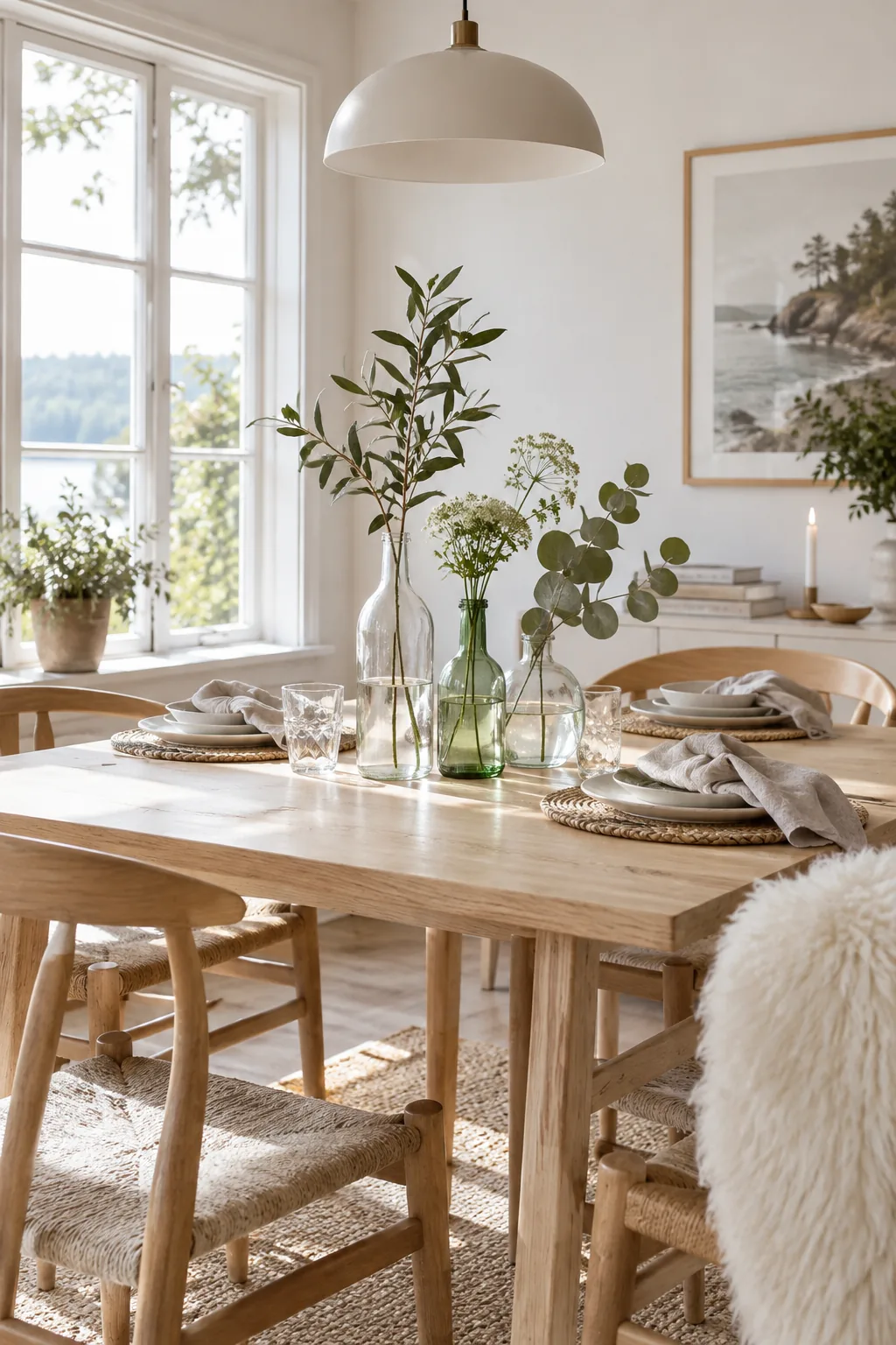 Three clear glass bottles with single green stems on a wooden dining table