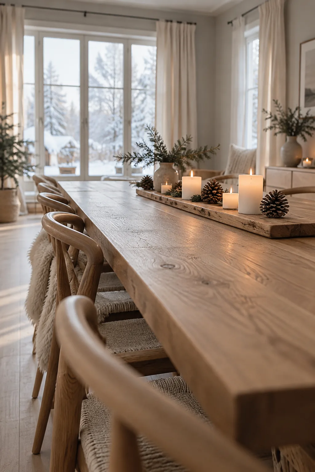 Wooden board topped with small candles and pinecones as a table runner