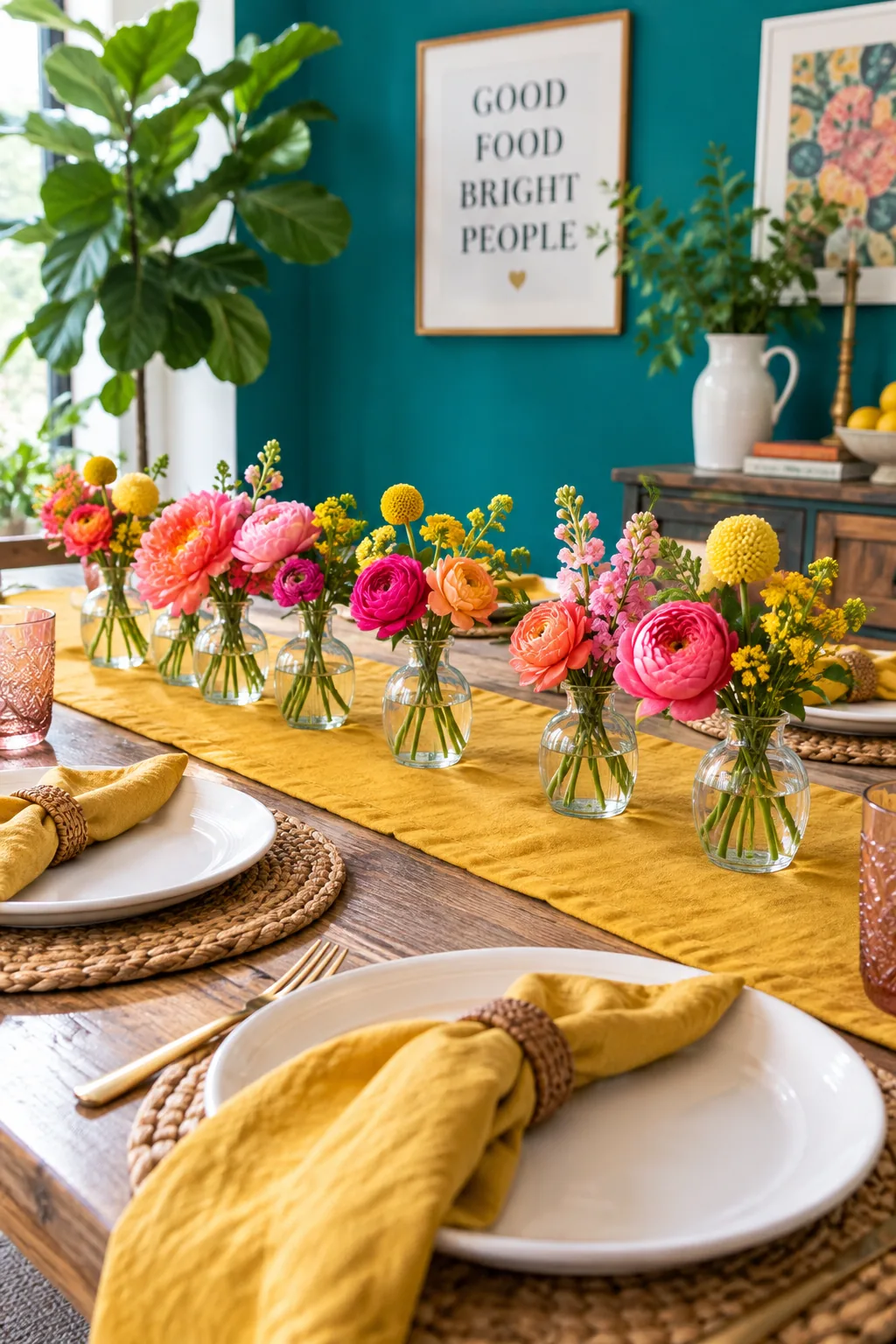Several small bud vases with short pink and white flowers down a table