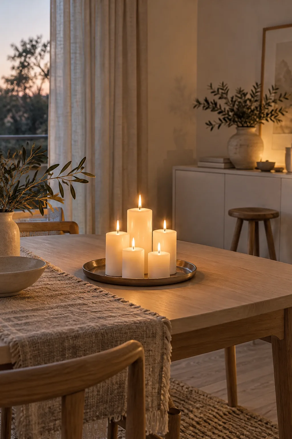 A metal tray holding several white pillar candles of different heights