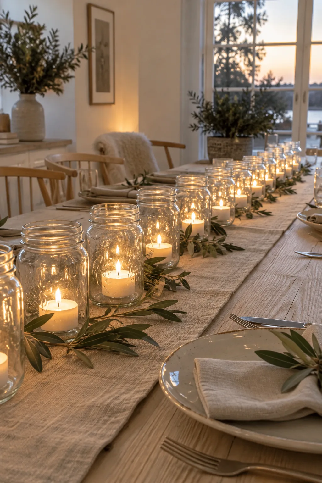A long row of mason jars with lit tealights down a dining table