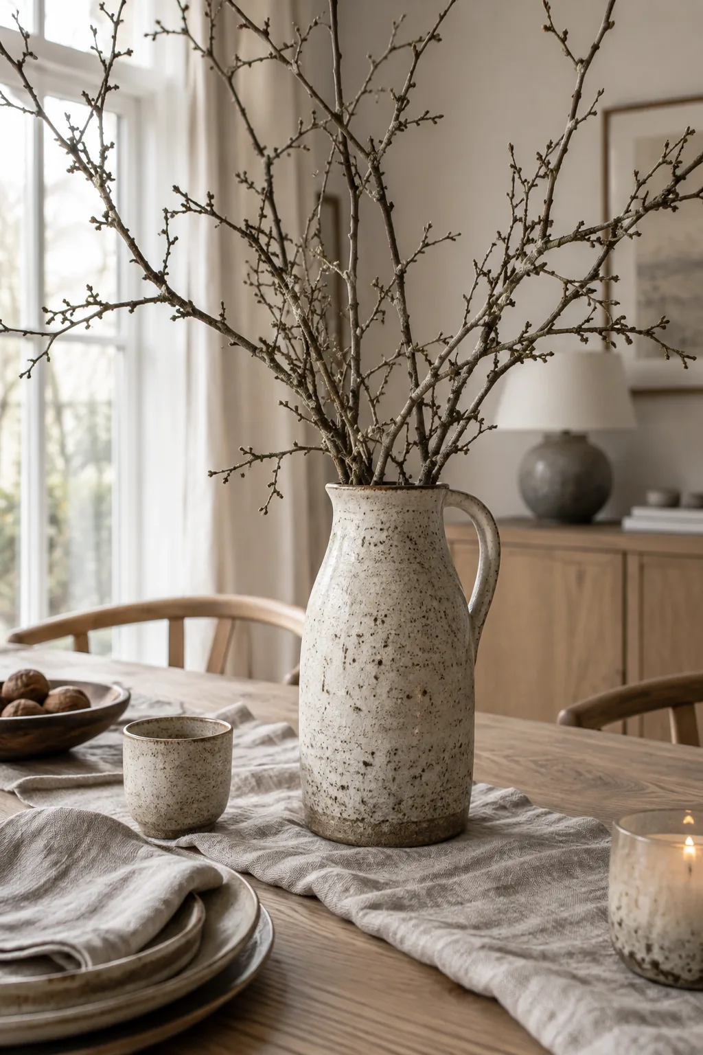 Tall bare branches arranged in a rustic ceramic jug on a table