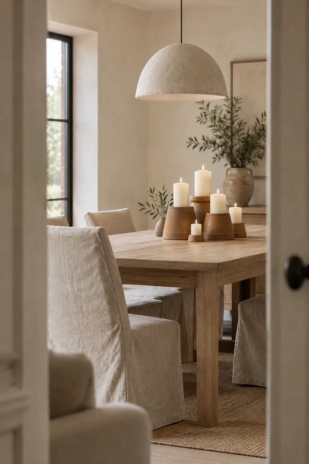 Upside down terracotta pots used as stands for white candles