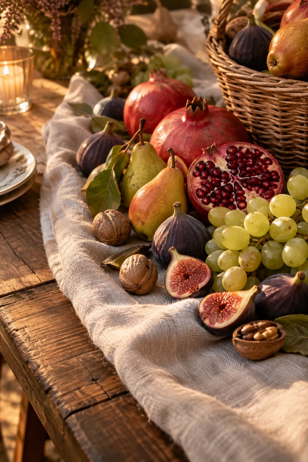 Artichokes, pomegranates, and walnuts scattered along a linen table runner