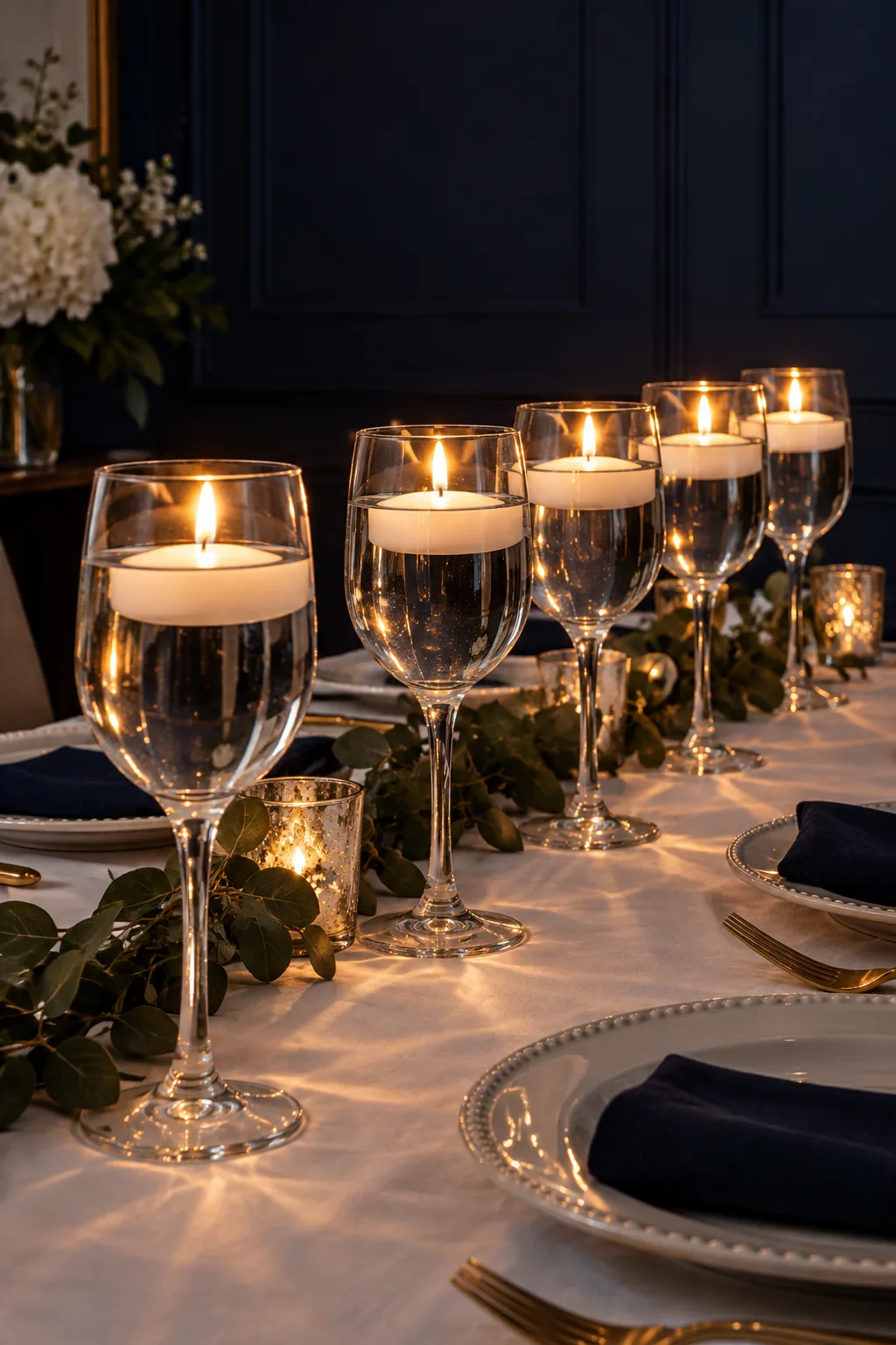 Water goblets filled with water and lit floating candles