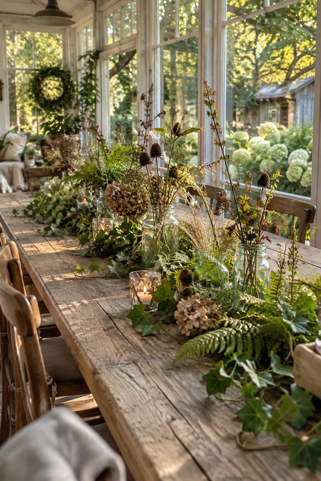 A textured table runner made of mixed yard clippings and grasses