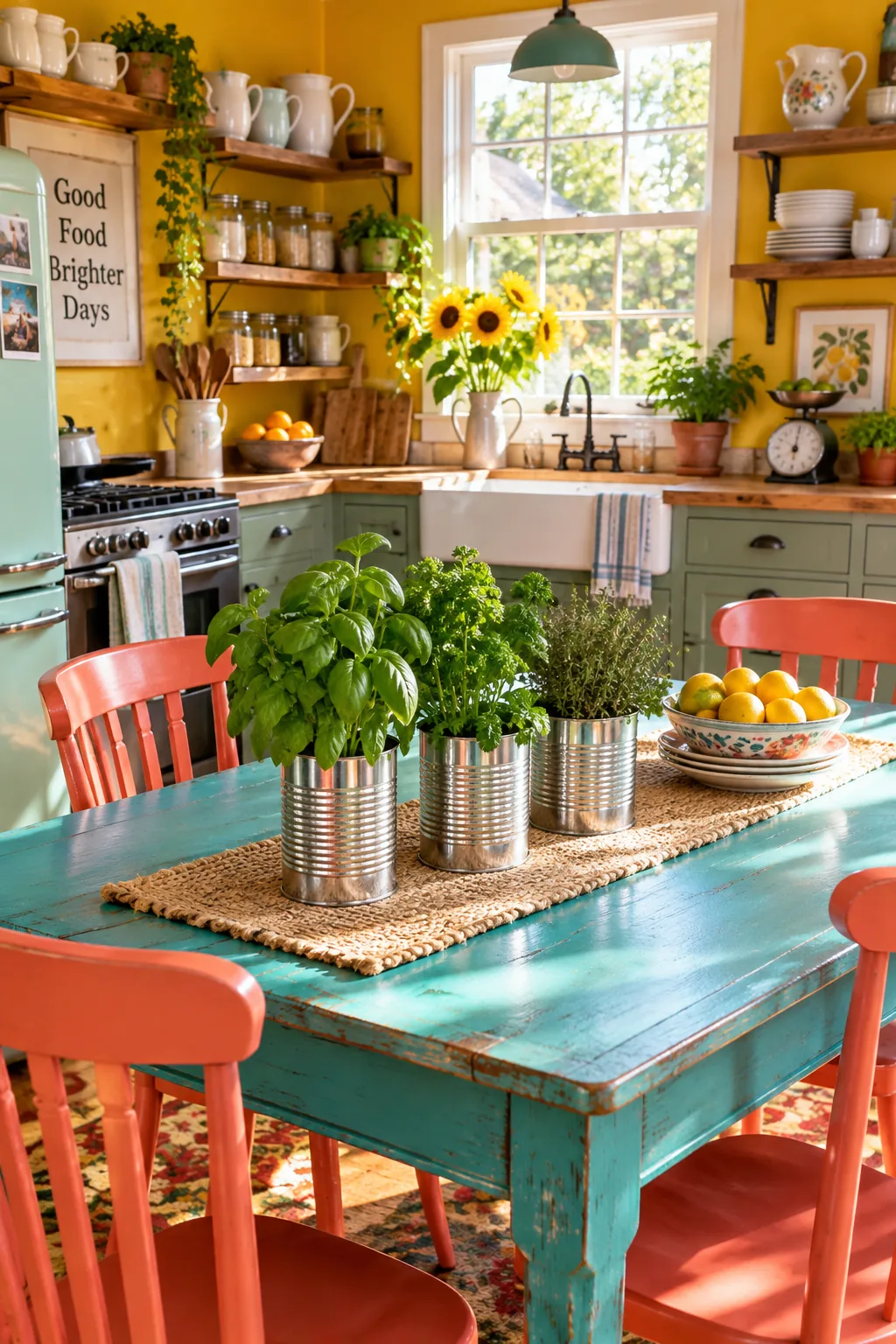 Small herb plants growing in recycled silver tin cans on a table