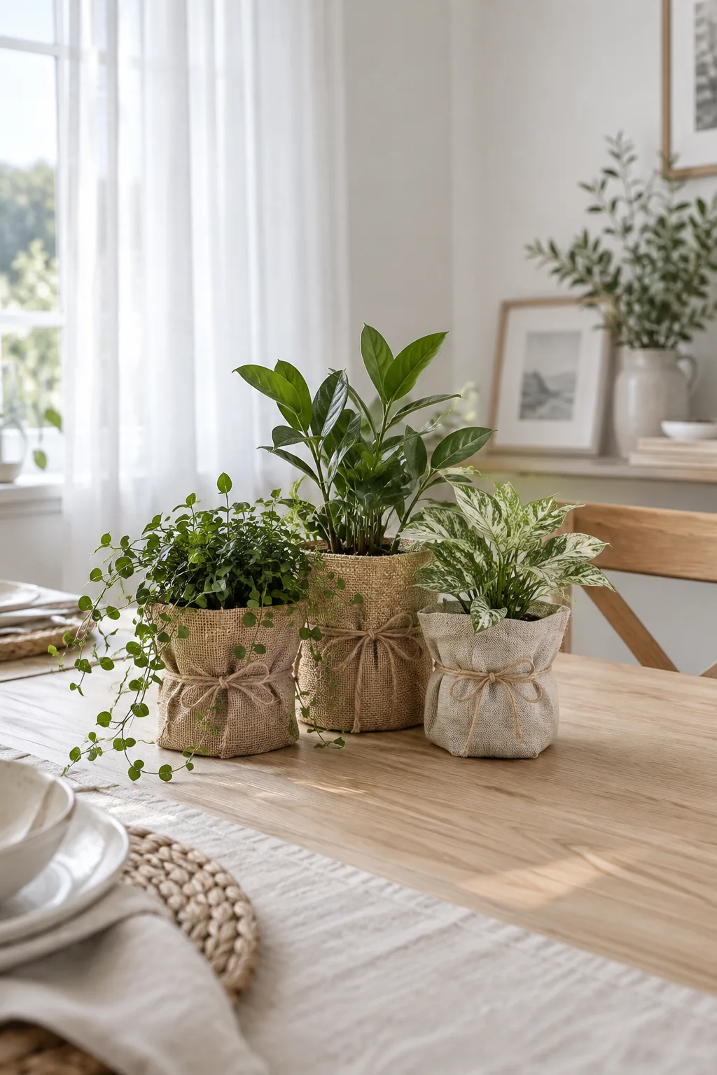 Small houseplants with their pots wrapped in burlap on a table