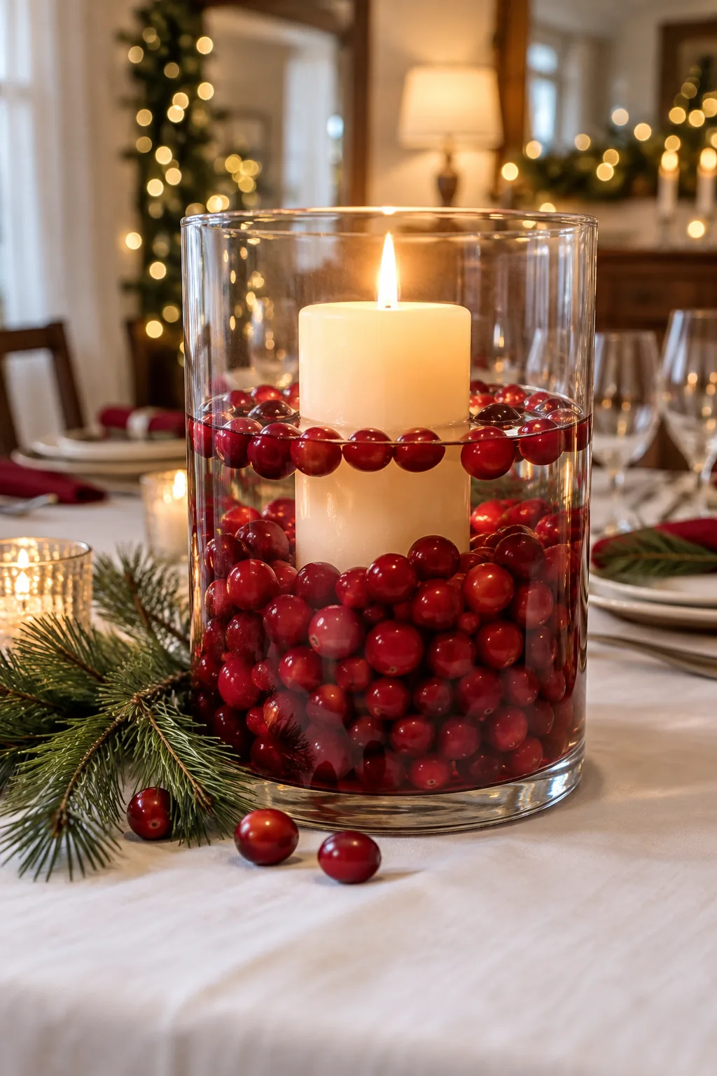 A glass vase filled with red cranberries and a white pillar candle