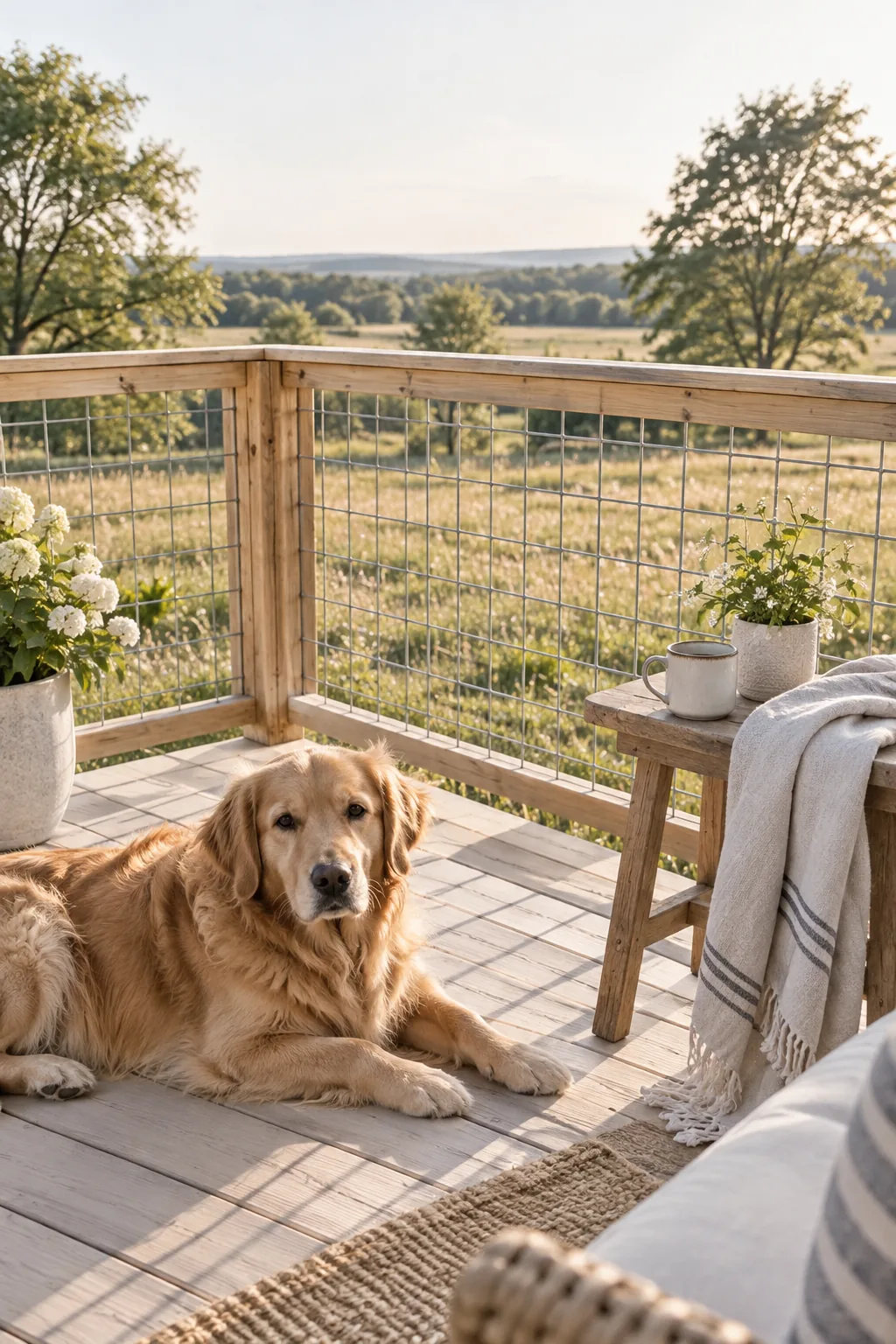 Wood deck railing framing square metal hog wire panels