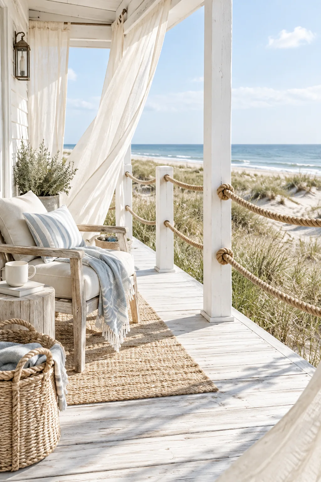 Thick marine rope threaded through wooden posts on a porch