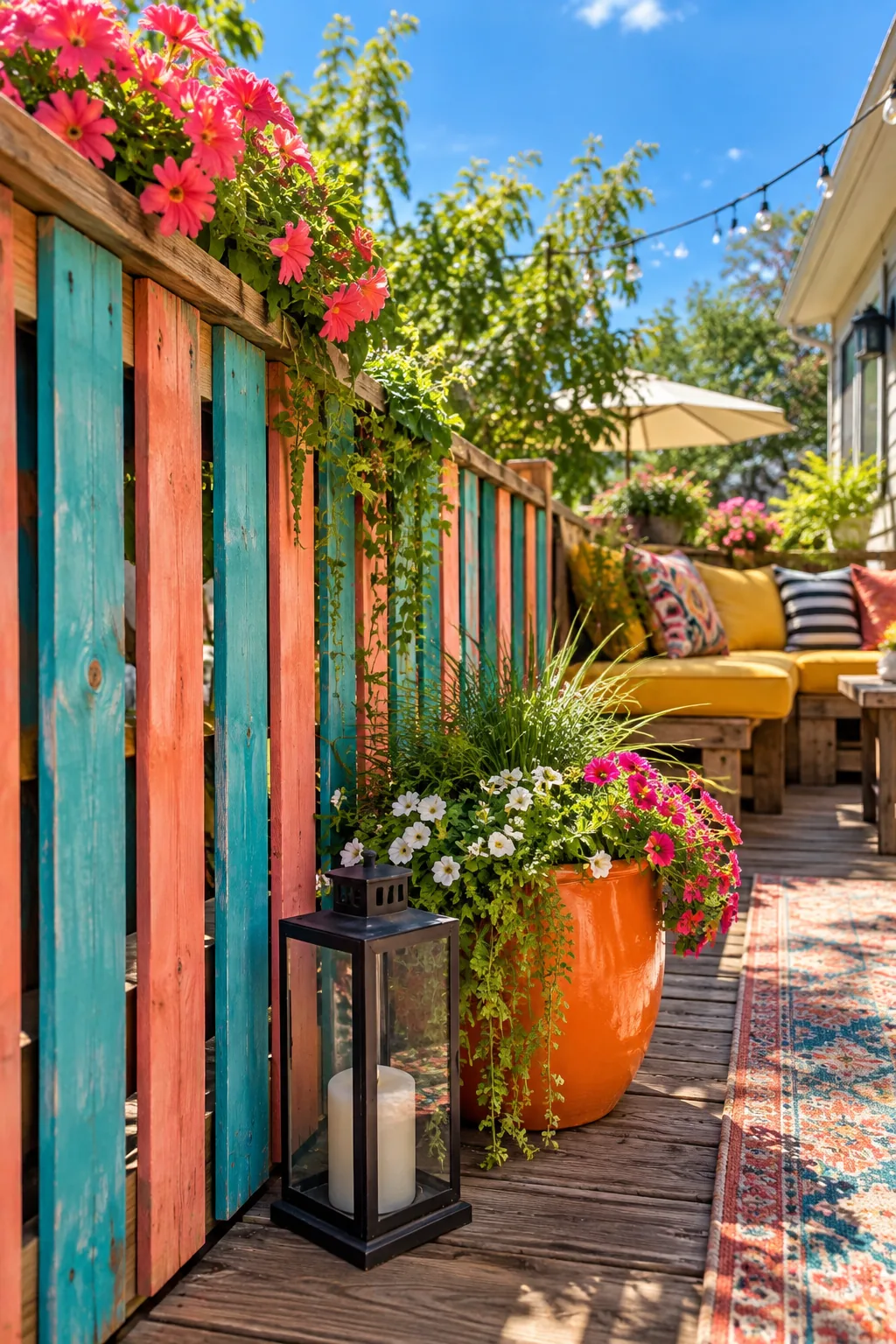 Deck railing built from vertical reclaimed pallet wood slats