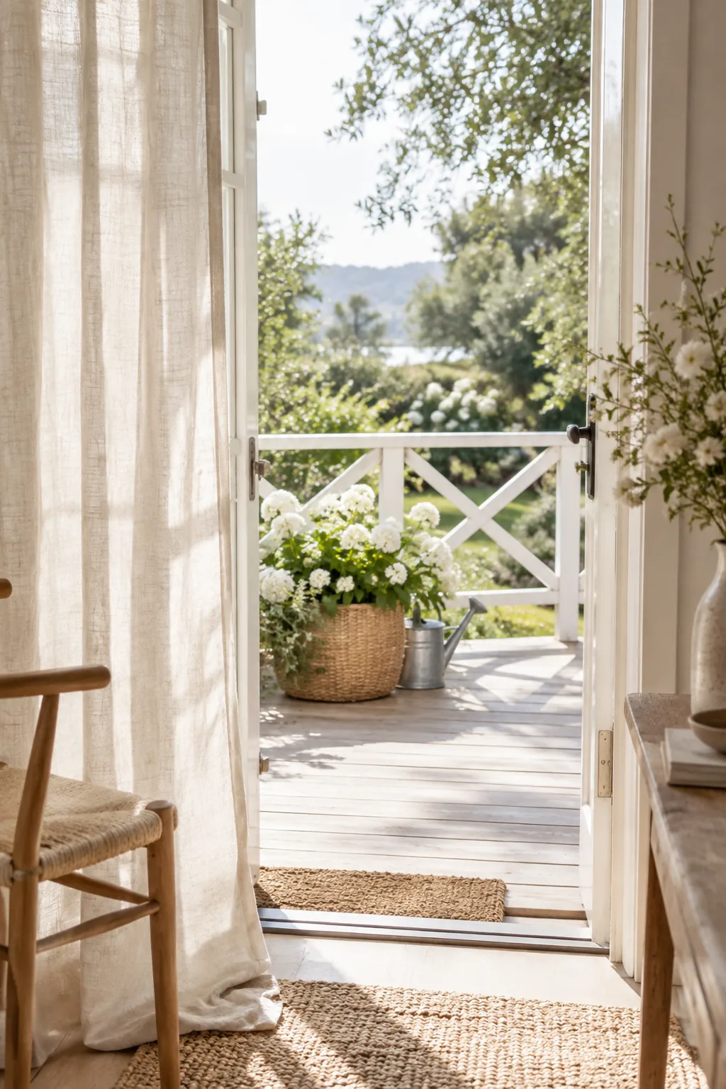 White painted wooden deck railing with a criss-cross X design