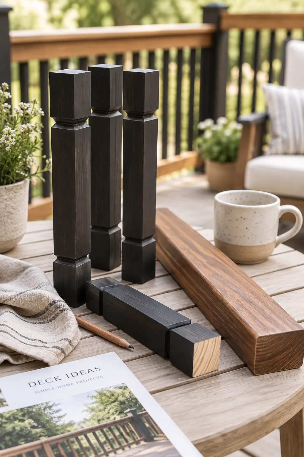 Deck railing with black painted pine balusters and a stained wood top rail