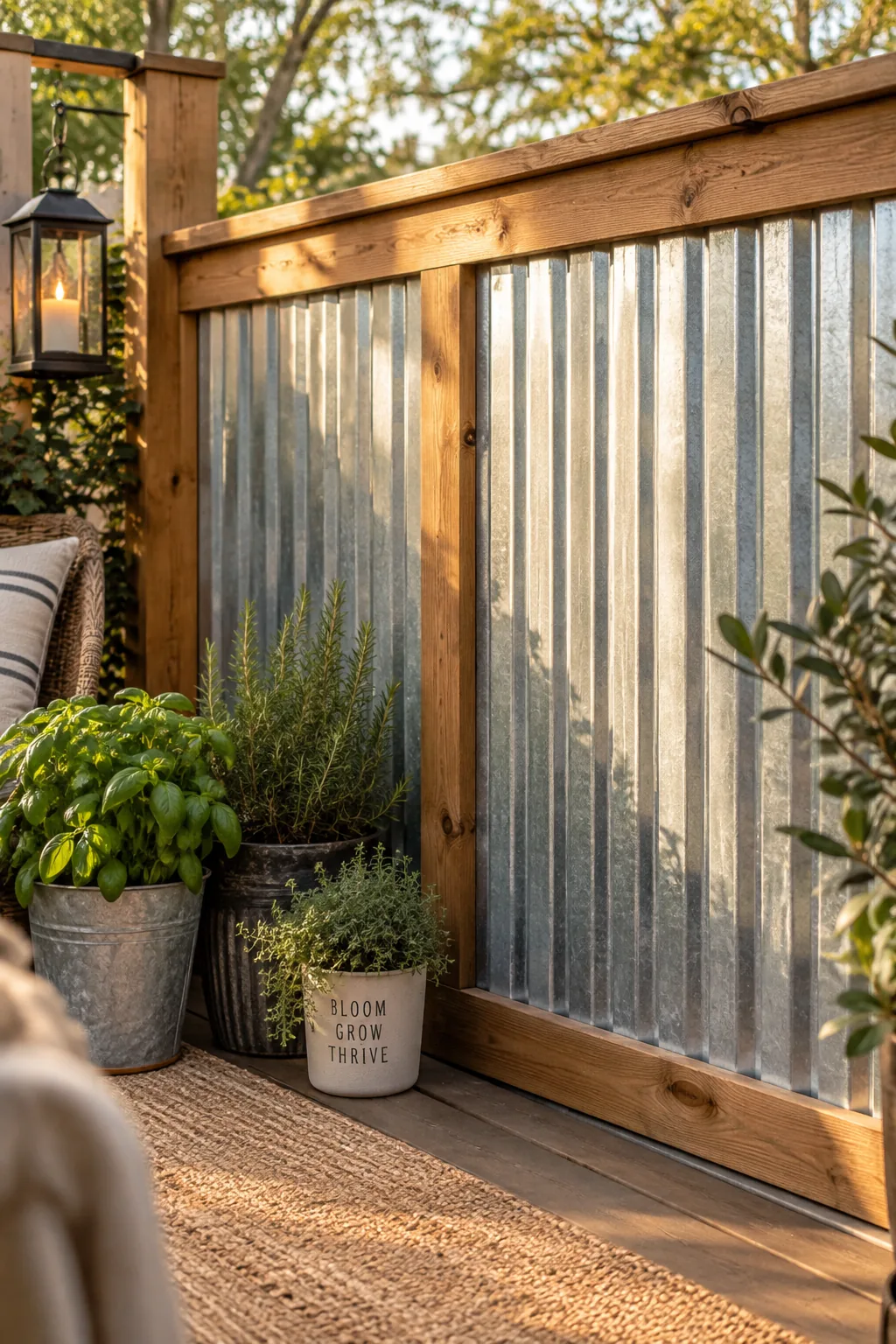 Privacy deck railing made of corrugated metal sheets framed in wood