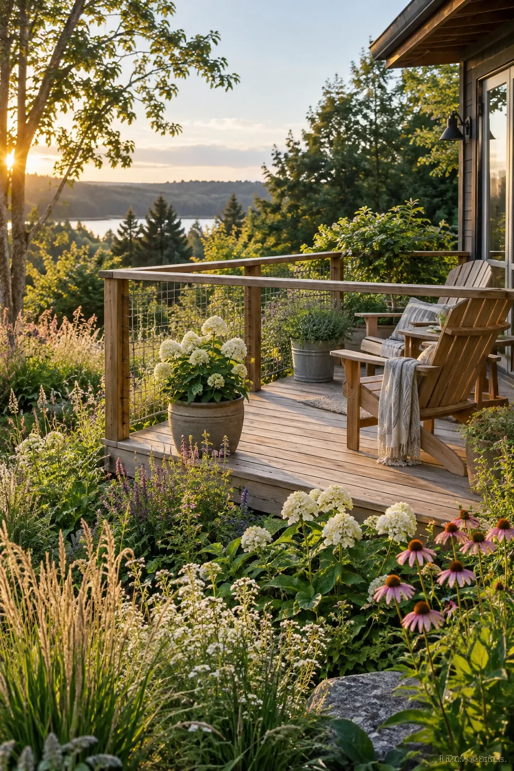 Invisible-style deck railing using thin welded wire mesh stapled to posts