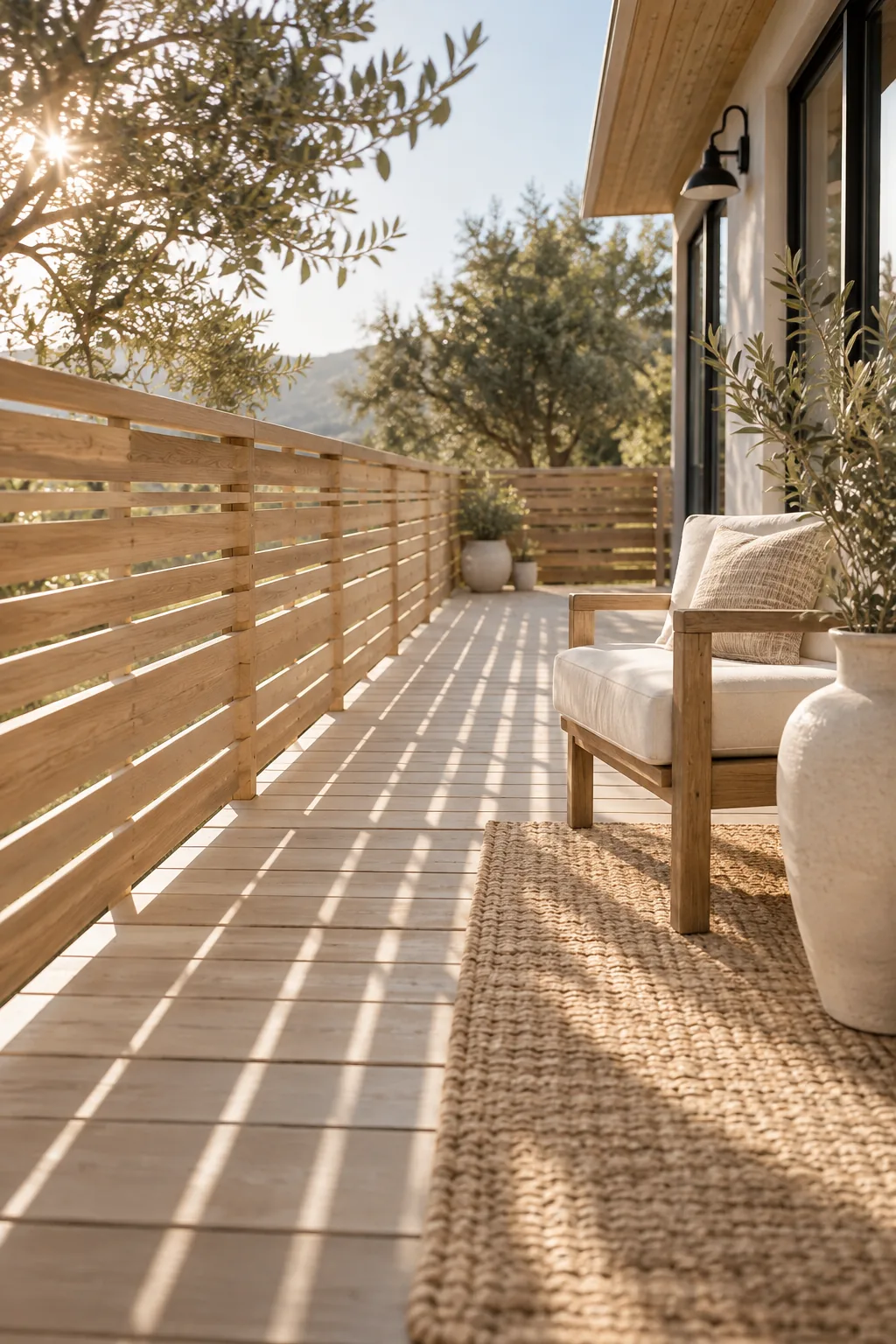 Mid-century modern deck railing with horizontal wooden slats