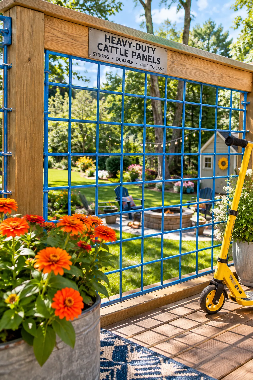 Rugged deck railing made from heavy-duty steel cattle panels