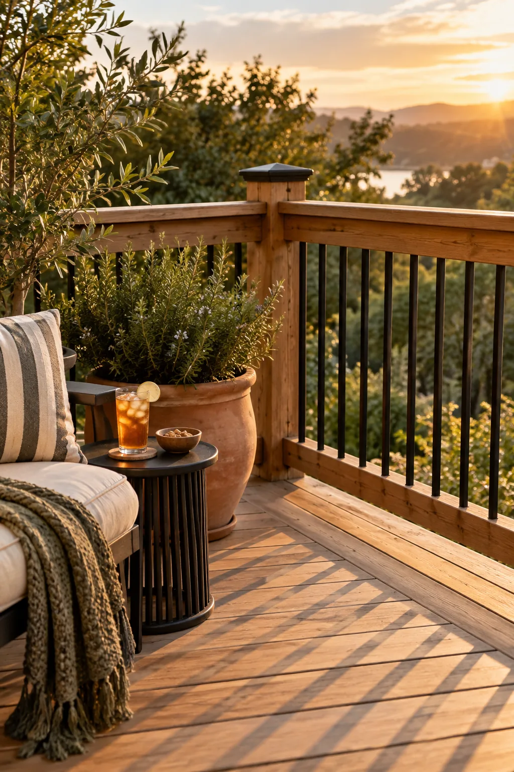 Deck railing featuring matte black electrical conduit tubes used as balusters