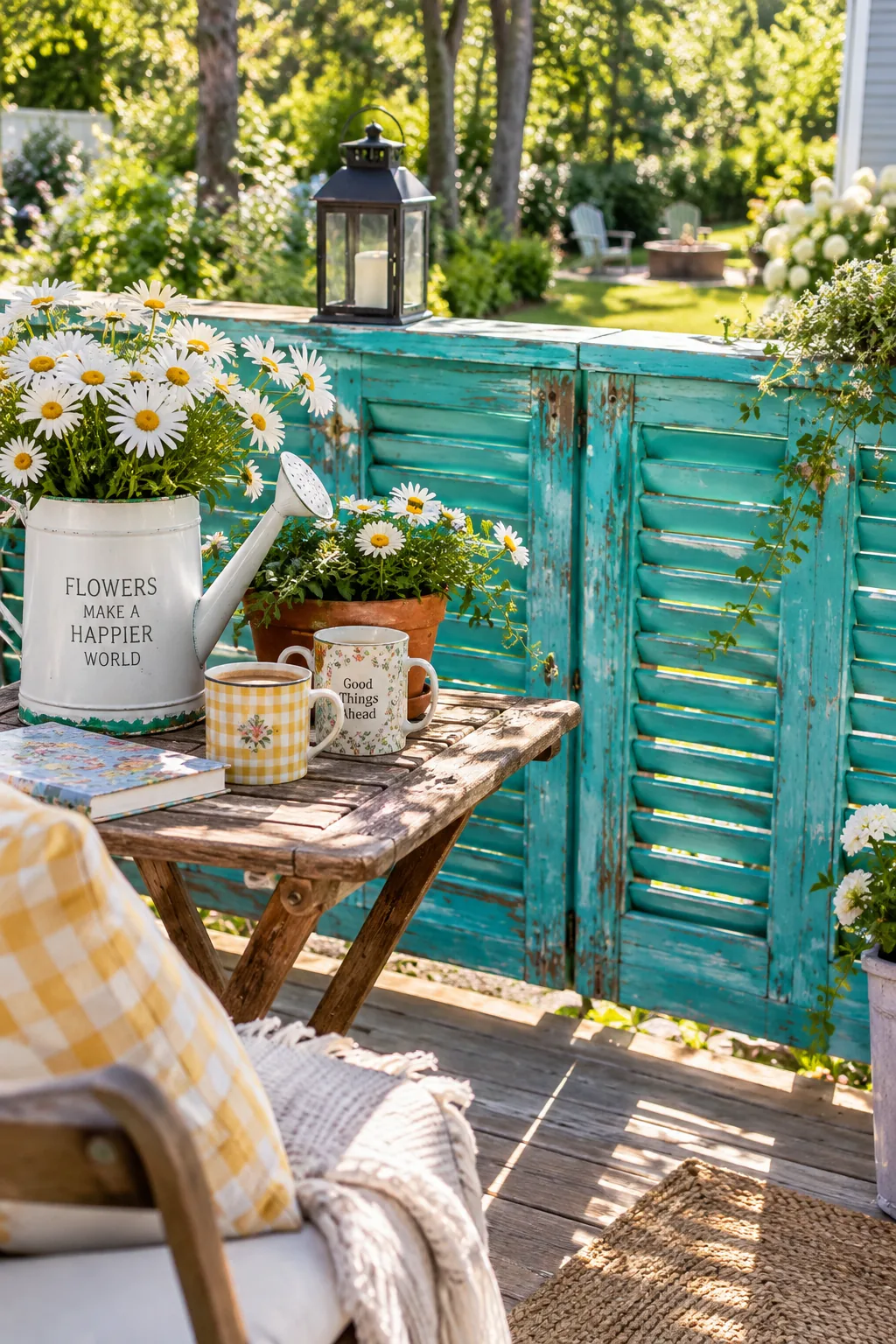 Brightly painted old exterior shutters installed sideways as a deck railing
