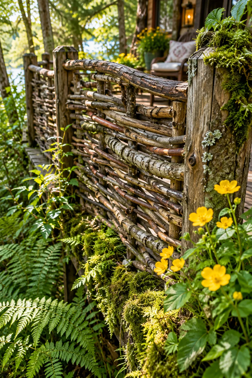 Organic deck railing made of flexible branches woven between wooden posts