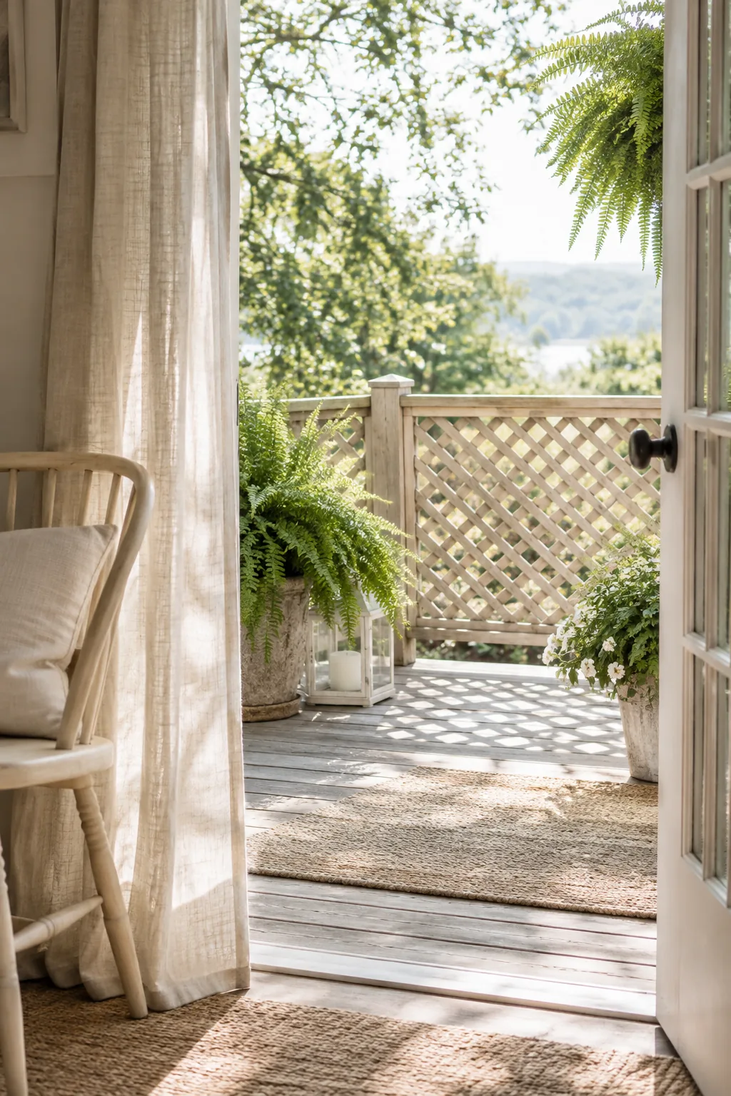 Framed reclaimed wood lattice used as a porch railing