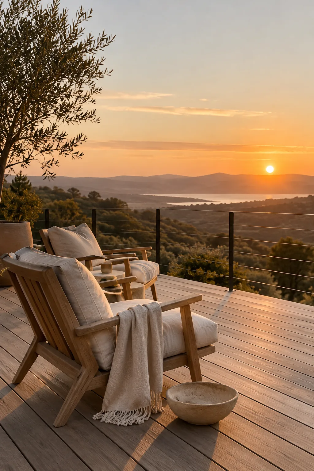 Modern deck railing made of thin steel tension wires running horizontally through posts